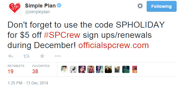 Simple Plan Tweet - 13122014 - SPCrew discount